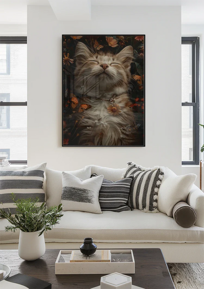 Sleeping Fluffy Cat Surrounded By Flowers Butterflies Painting