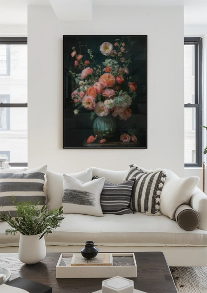 Klassisches Blumenstillleben Rosa Rosen Dunkler Hintergrund Gemälde