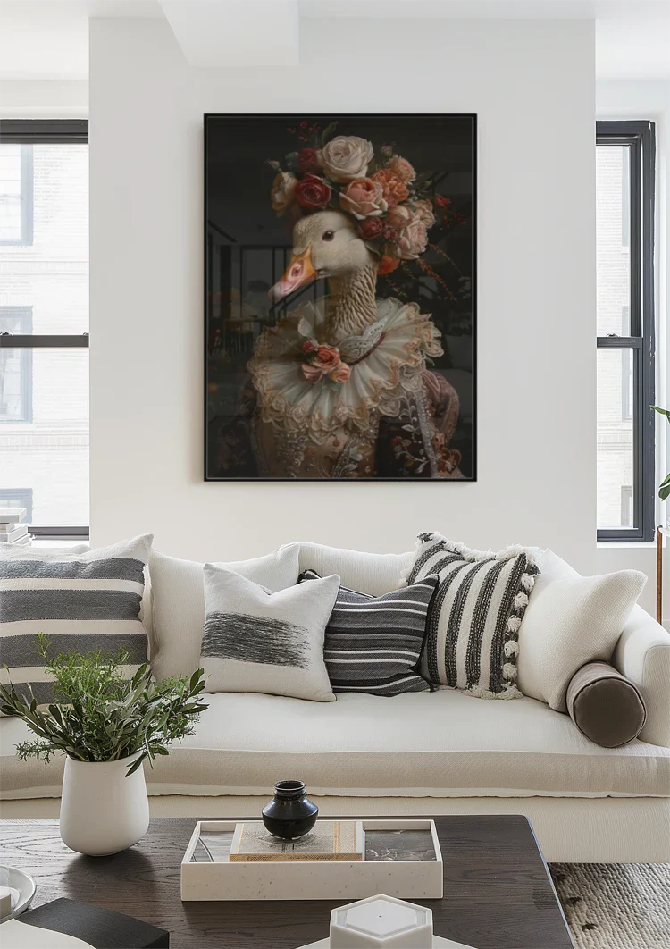 Elegante Gans In Barok Kostuum Bloemen Krans Kanten Kraag Portret Schilderij