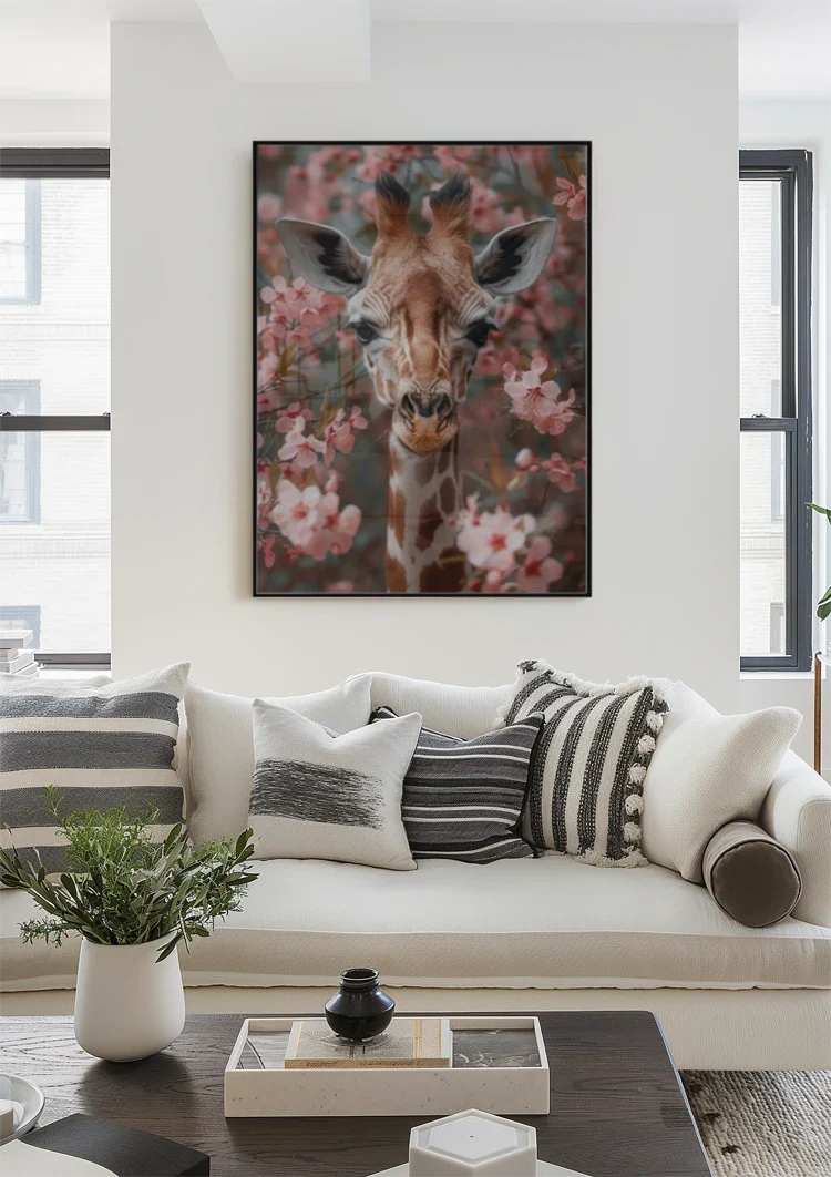 Giraffe Between Pink Cherry Blossoms Portrait Painting