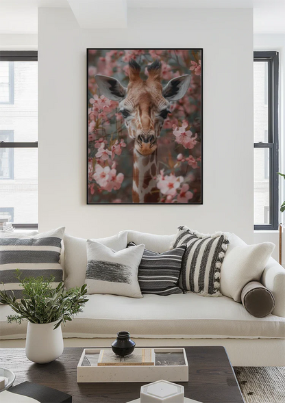 Giraffe Between Pink Cherry Blossoms Portrait Painting