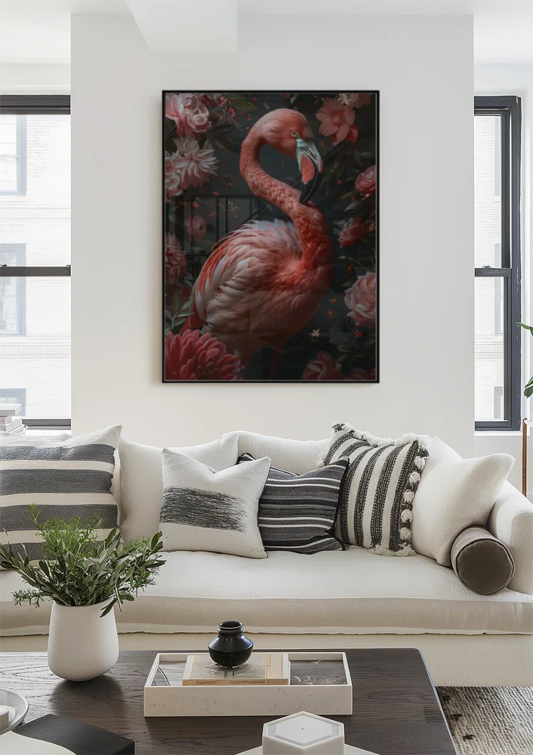 Elegant Flamingo Among Pink Flowers Dark Portrait Painting
