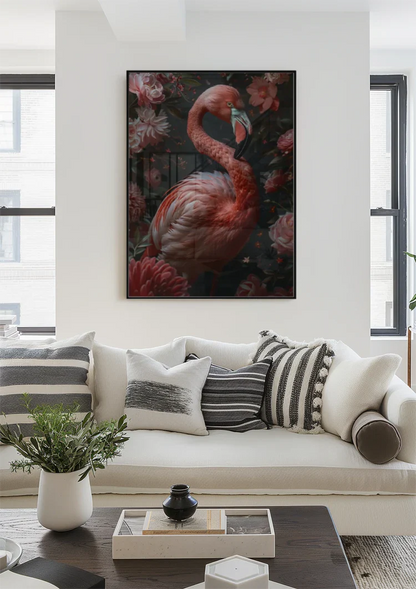 Elegant Flamingo Among Pink Flowers Dark Portrait Painting