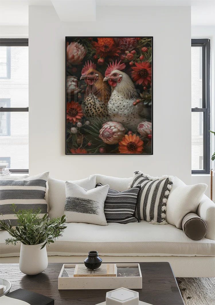 Twee Kippen Tussen Rode Bloemen Botanisch Portret Schilderij