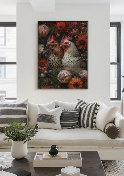 Twee Kippen Tussen Rode Bloemen Botanisch Portret Schilderij