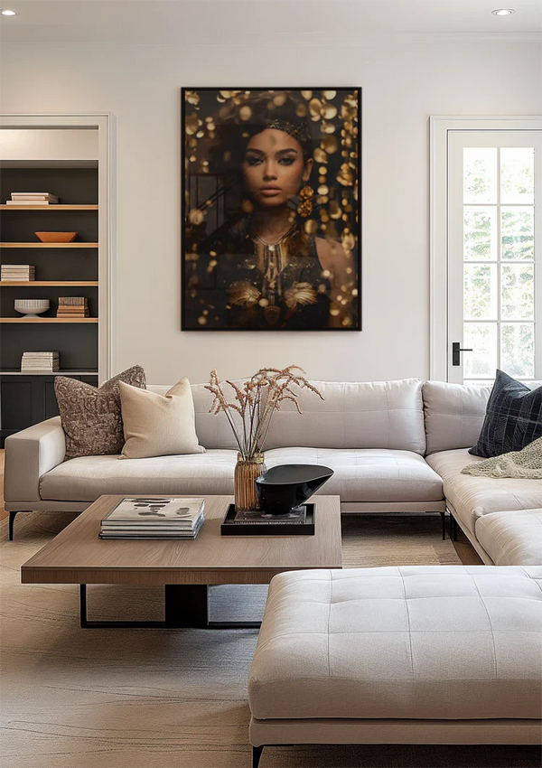 Golden Glamour Woman Golden Jewelry Bokeh Portrait Painting