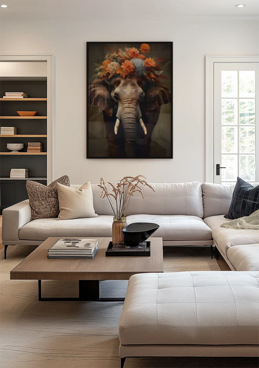 Olifant canvas schilderij aan de muur boven het bed in de slaapkamer