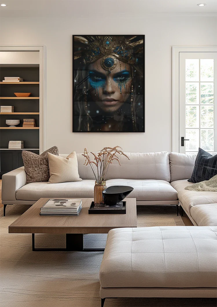 Warrior Blue Gold Headdress Dramatic Portrait Painting