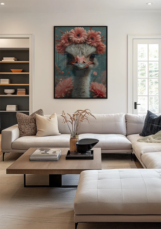 Struisvogel canvas schilderij aan de muur boven het bed in de slaapkamer