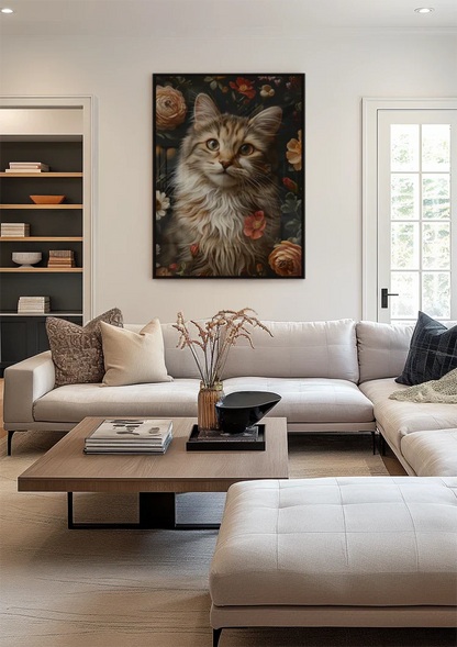 Flauschige Katze zwischen farbenfrohen Rosen Blumenreiches Porträt Gemälde
