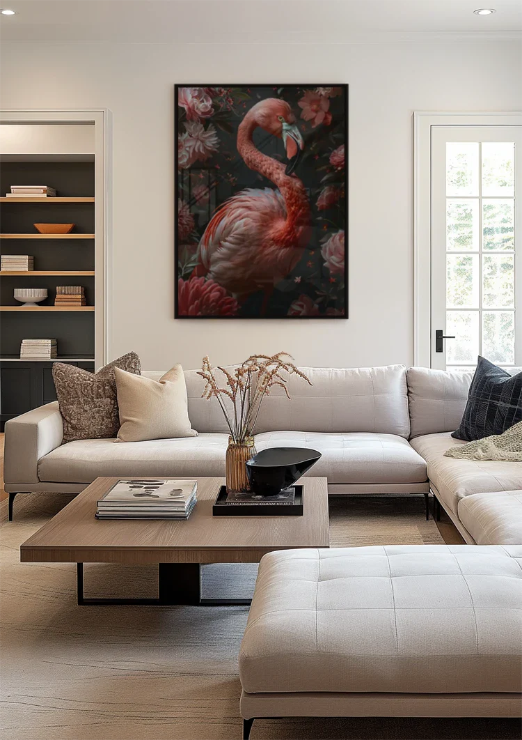 Elegant Flamingo Among Pink Flowers Dark Portrait Painting