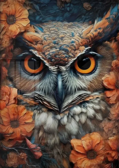 Eule orange Augen Blumen Porträt Farbenfroh Detailreich Leinwand Gemälde