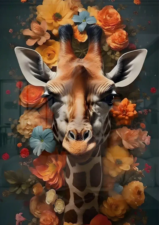 Giraf tussen kleurrijke bloemen canvas schilderij boven het bed in de slaapkamer