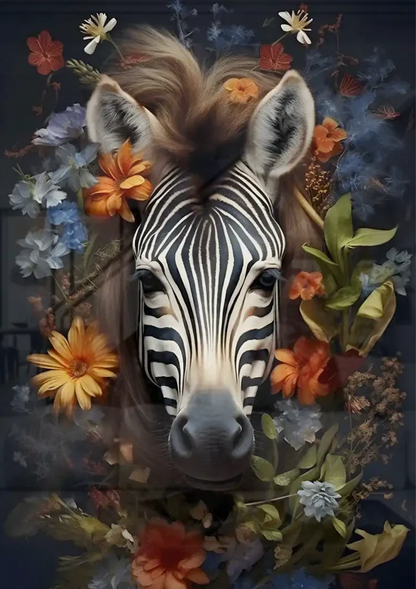 Zebra Porträt Bunte Blumen Dunkler Hintergrund Gemälde