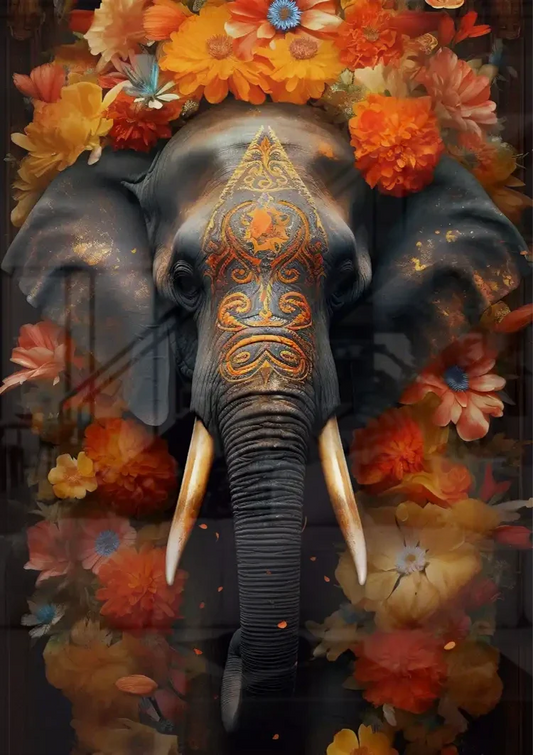 Versierde olifant canvas schilderij aan de muur boven het bed in de slaapkamer