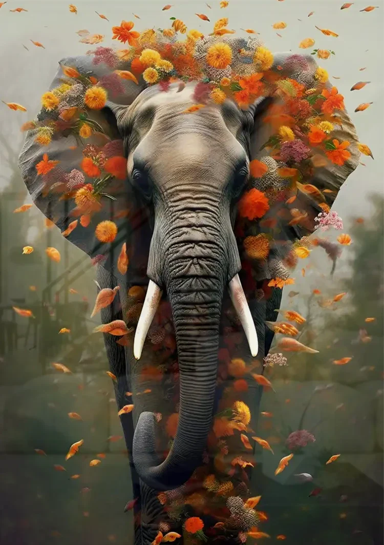 Surreale Olifant Bloemenkrans Oranje Bloemen Magisch Schilderij