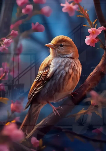 Klein Vogeltje Roze Bloesem Tak Blauw Schilderij