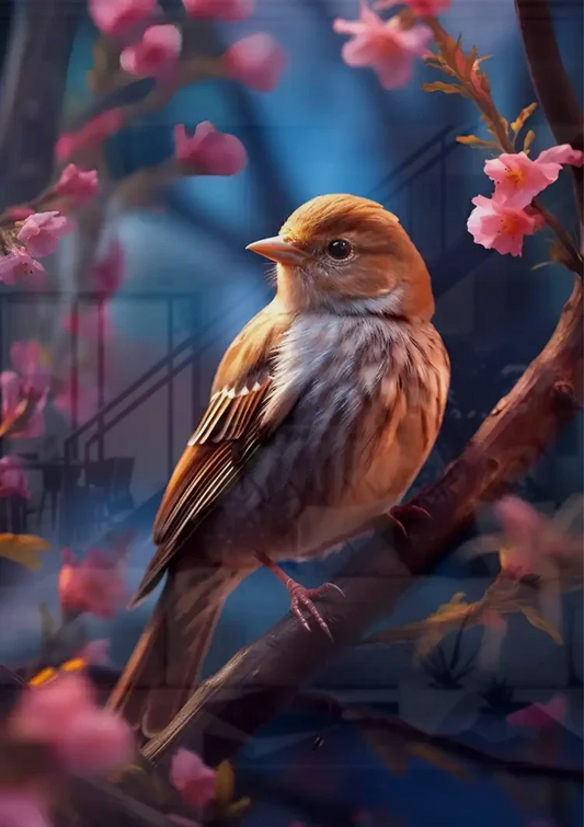 Little Bird Pink Blossom Branch Blue Painting