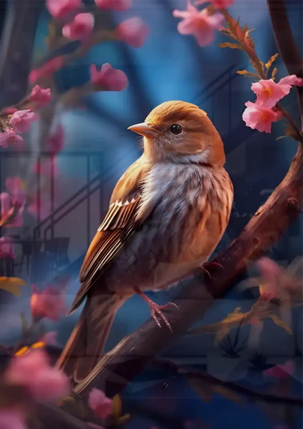 Klein Vogeltje Roze Bloesem Tak Blauw Schilderij