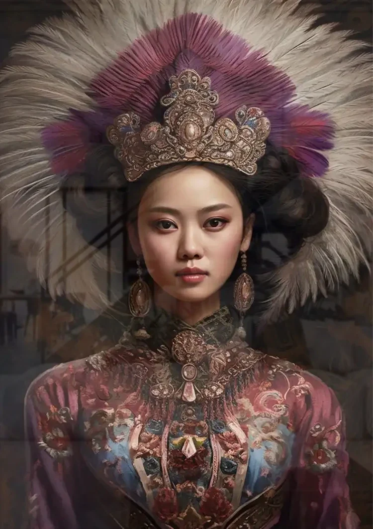Royal Headdress Feather Jewelry Traditional Costume Portrait Painting