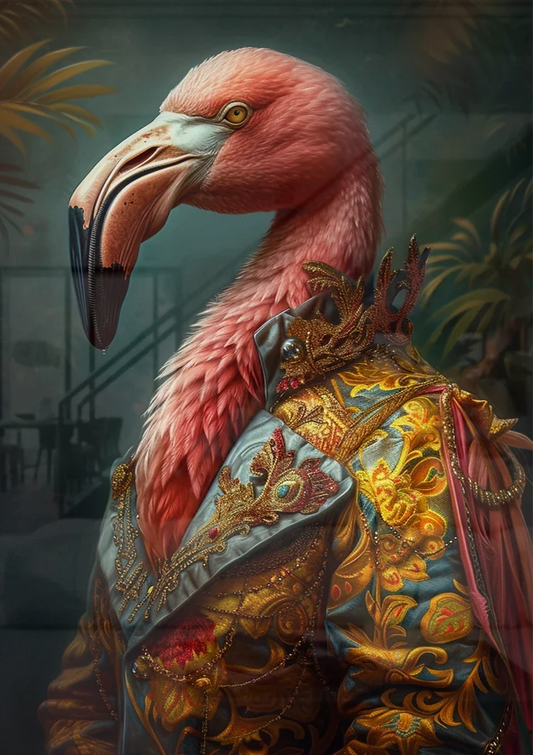 Flamingo in een gouden jas canvas schilderij boven het bed in de slaapkamer