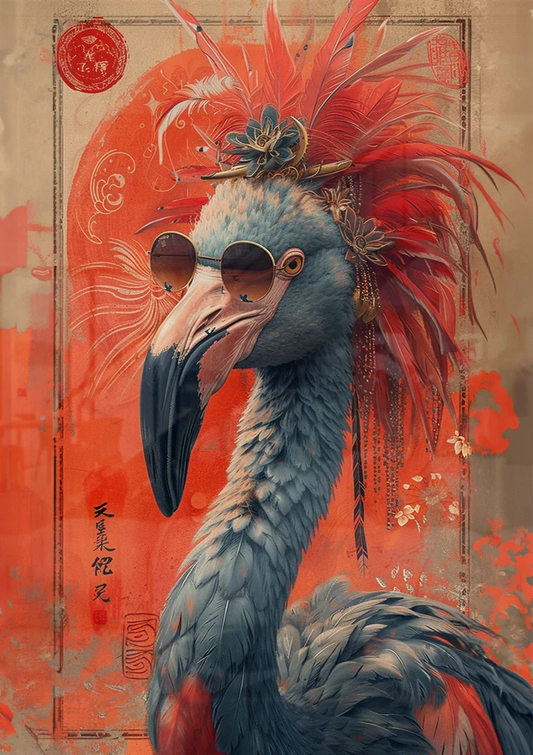 Flamboyante flamingo canvas schilderij hangt boven het bed in de slaapkamer