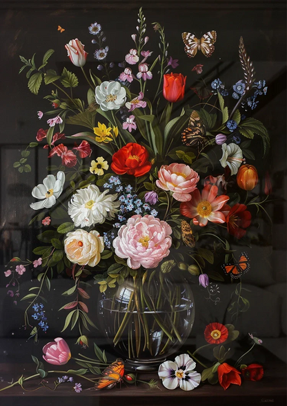 Üppiges Blumenstillleben Glasvase Dunkler Hintergrund Gemälde