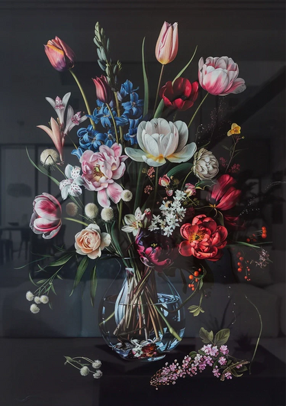 Buntes Blumenstrauß Glasvase Dunkler Hintergrund Gemälde
