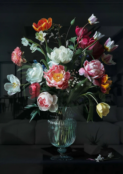 Lush Flower Bouquet White Pink Red Glass Vase Dark Painting