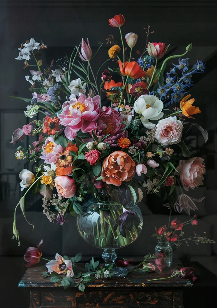 Bunte Blumenexplosion Pfingstrosen Tulpen Glasvase Dunkles Gemälde