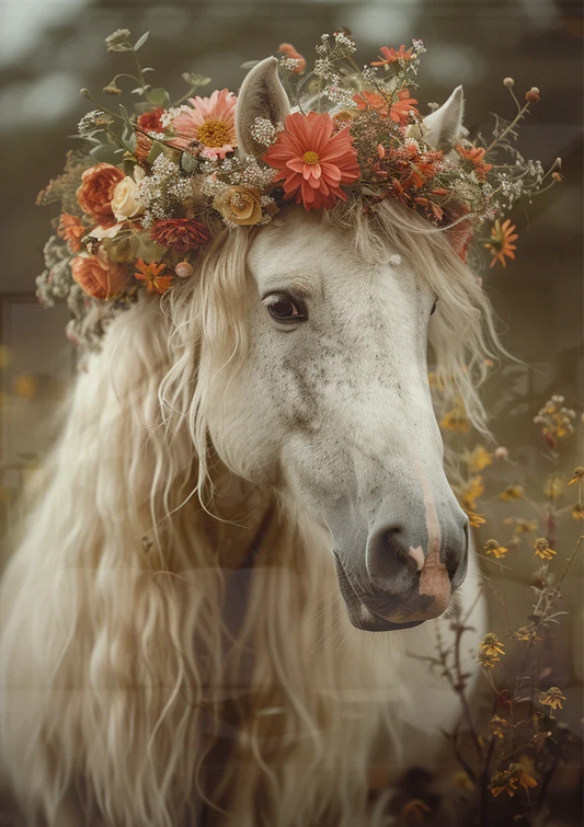 Wit paard met bloemenkroon canvas schilderij aan de muur boven het bed in de slaapkamer