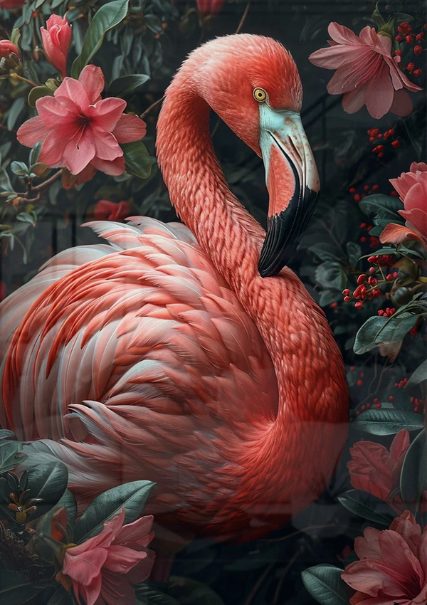 Rosa Flamingo umgeben von tropischen Blumen und Blättern Gemälde