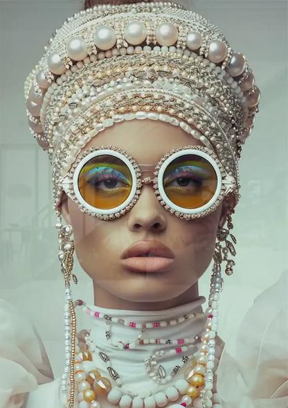 Glamorous Woman With Pearls Sunglasses Extravagant Portrait Painting