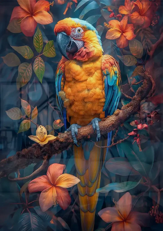 Papegaai tussen exotische bloemen canvas schilderij aan de muur boven het bed in de slaapkamer