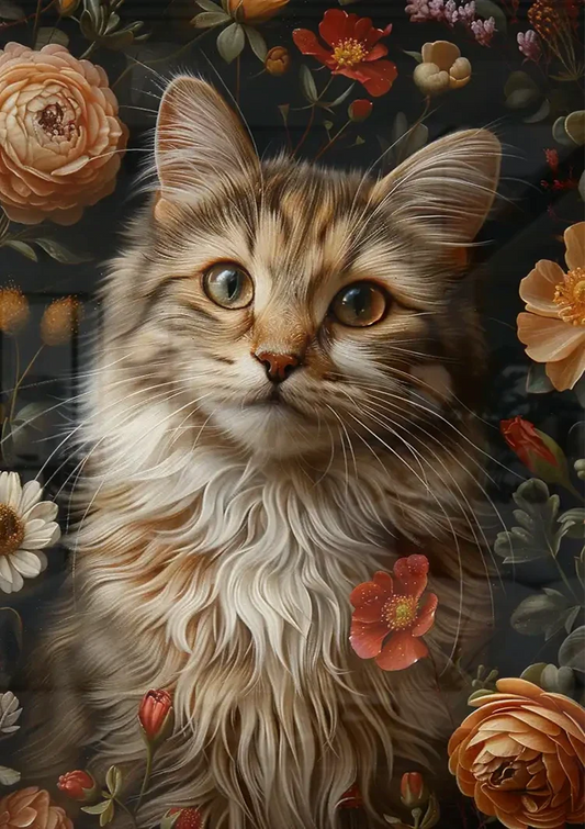Pluizige kat tussen rozen canvas schilderij aan de muur boven het bed in de slaapkamer