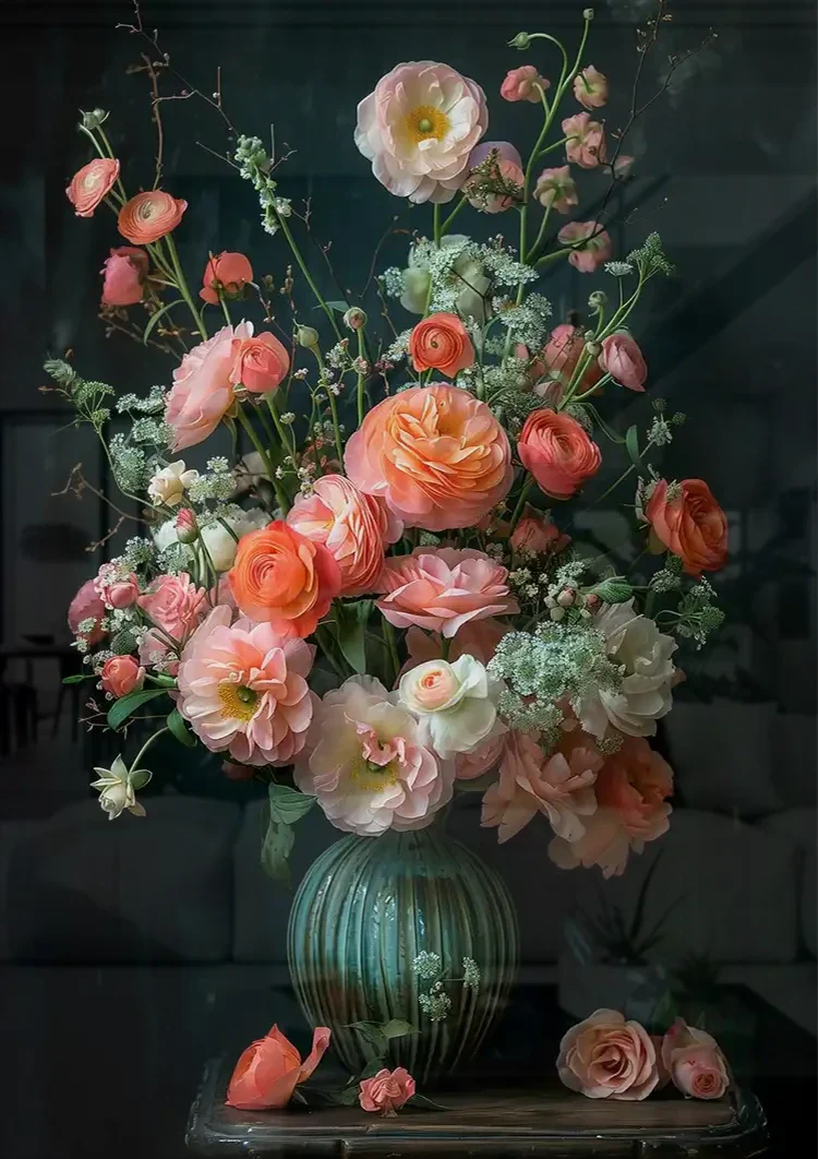 Klassisches Blumenstillleben Rosa Rosen Dunkler Hintergrund Gemälde