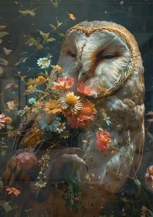 Kerkuil met bloemen canvas schilderij boven het bed in de slaapkamer