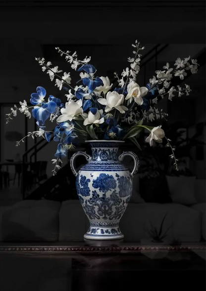 Delfts Blauwe Vaas Met Witte Bloemen Donker Stilleven Schilderij