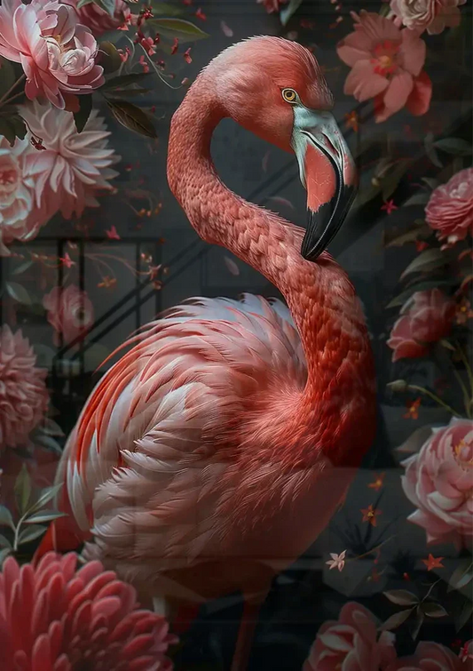 Elegante flamingo tussen roze bloemen canvas schilderij boven het bed in de slaapkamer