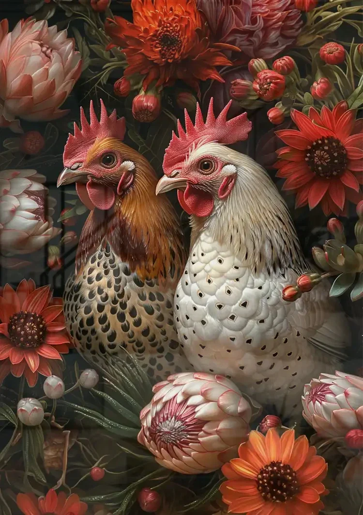 Twee Kippen Tussen Rode Bloemen Botanisch Portret Schilderij