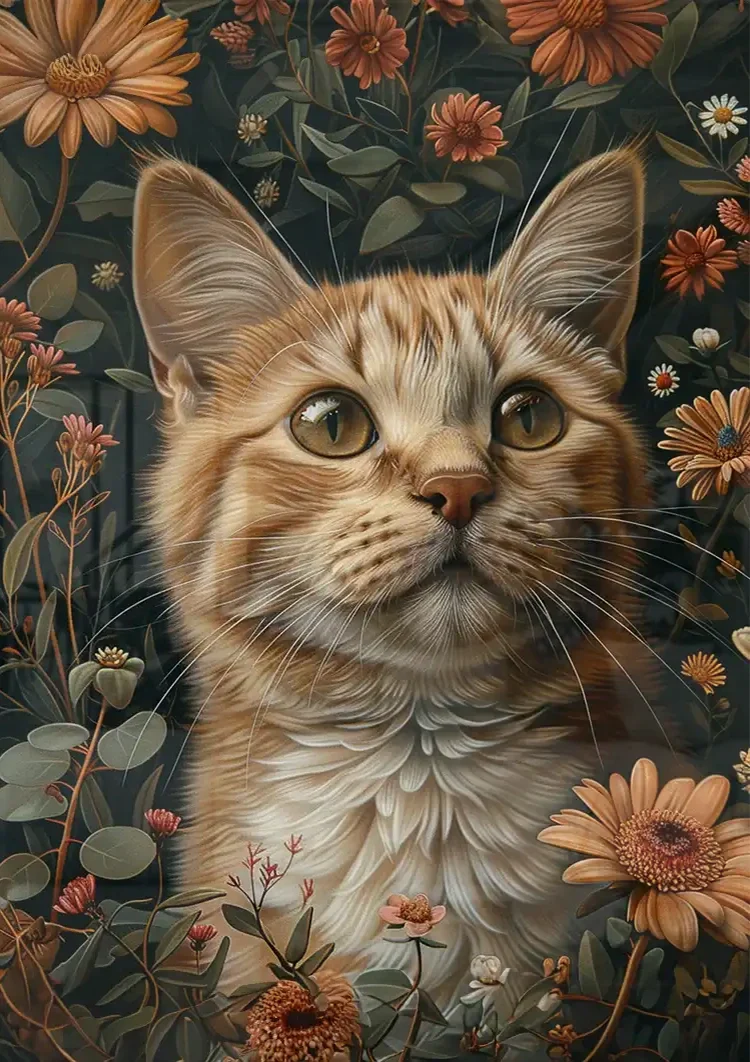 Oranje Kat Met Groene Ogen Tussen Bloemen Donker Portret Schilderij
