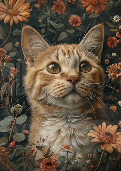 Oranje Kat Met Groene Ogen Tussen Bloemen Donker Portret Schilderij