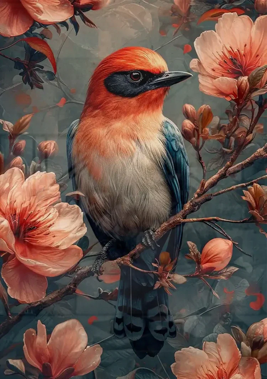 Kleurrijke vogel tussen roze bloesem canvas schilderij boven het bed in de slaapkamer