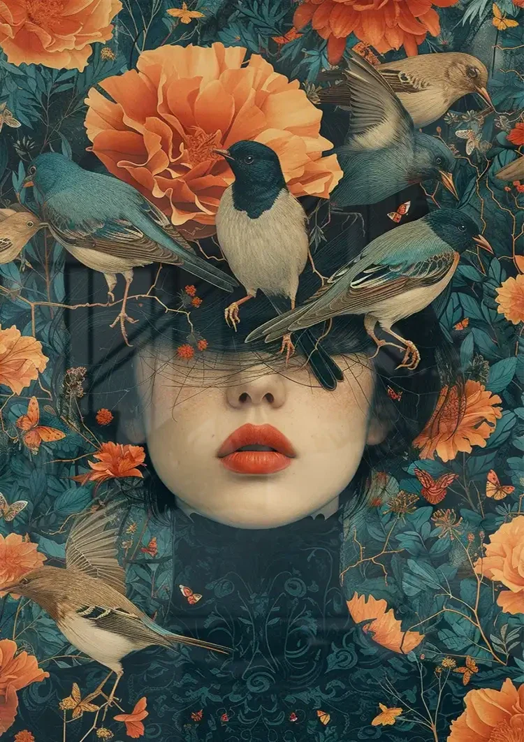 Vrouwenportret Met Oranje Bloemen En Vogels Surrealistisch Schilderij