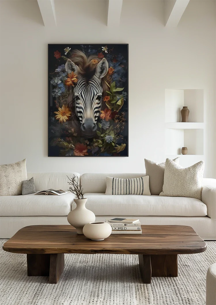 Zebra Porträt Bunte Blumen Dunkler Hintergrund Gemälde