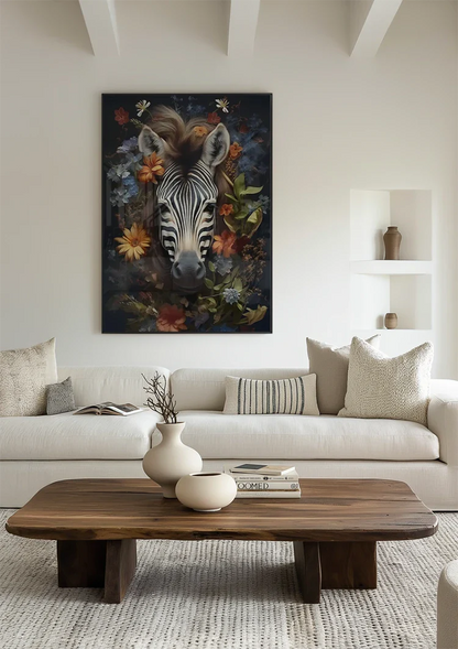 Zebra Porträt Bunte Blumen Dunkler Hintergrund Gemälde