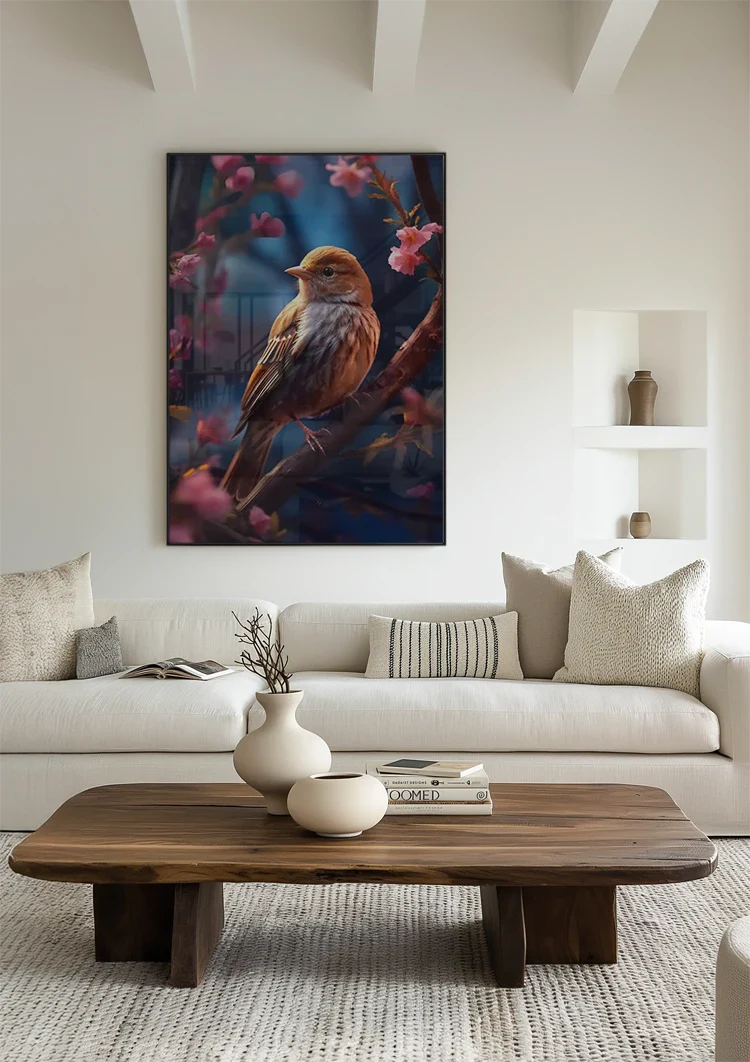Klein Vogeltje Roze Bloesem Tak Blauw Schilderij