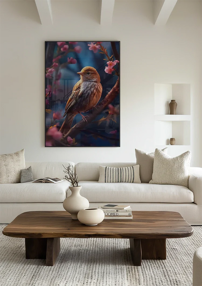 Klein Vogeltje Roze Bloesem Tak Blauw Schilderij