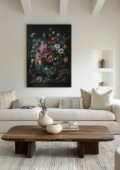 Bunte Blumenexplosion Pfingstrosen Tulpen Glasvase Dunkles Gemälde