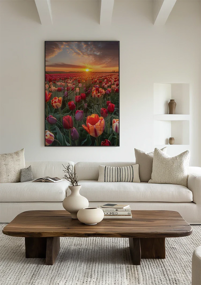 Farbenfrohes Tulpenfeld bei Sonnenuntergang Rote Orange Violette Blumen Gemälde